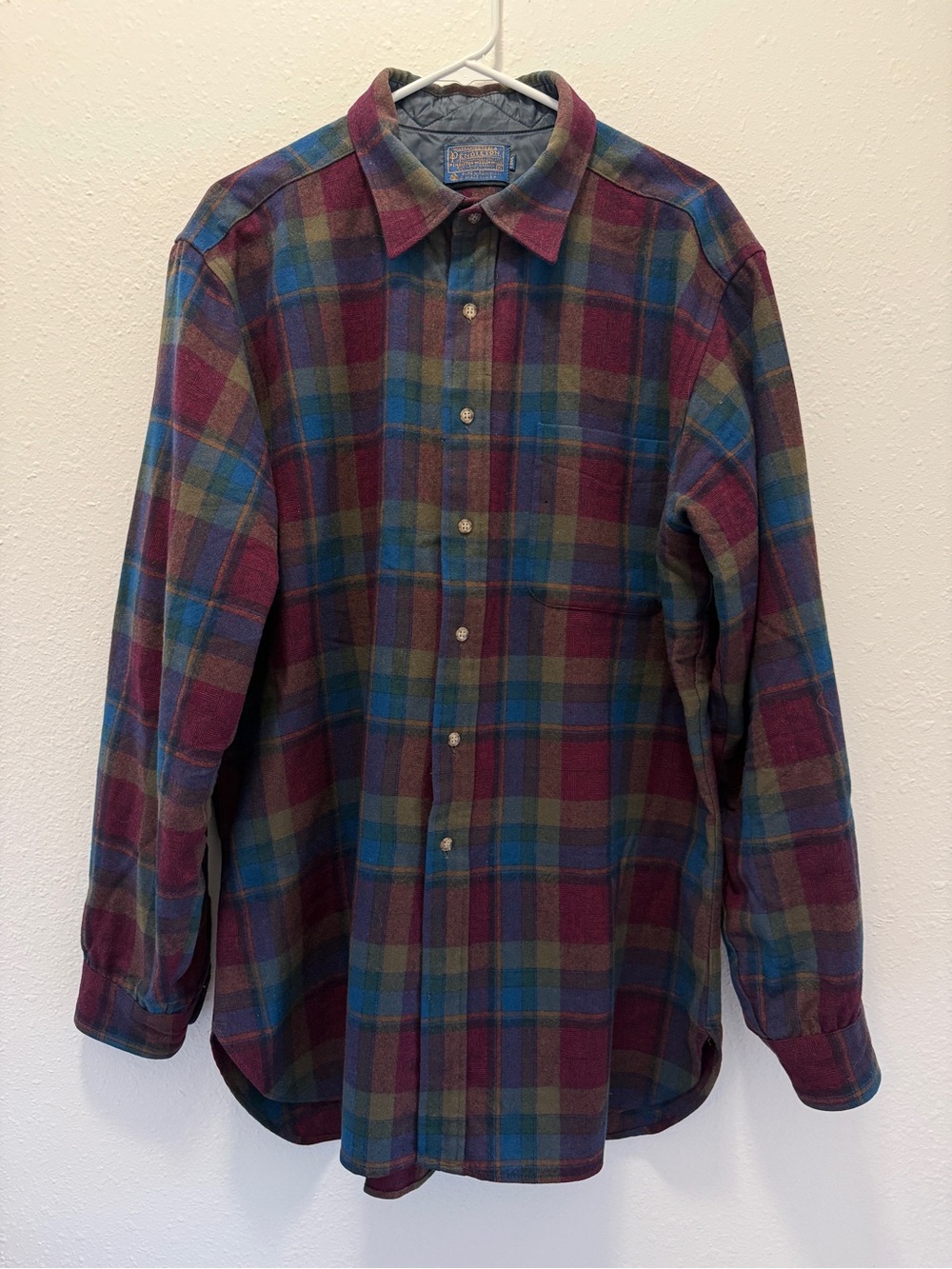 Vintage Pendleton 1970s Plaid Virgin Wool Button-Up Shirt Made in USA XL Long